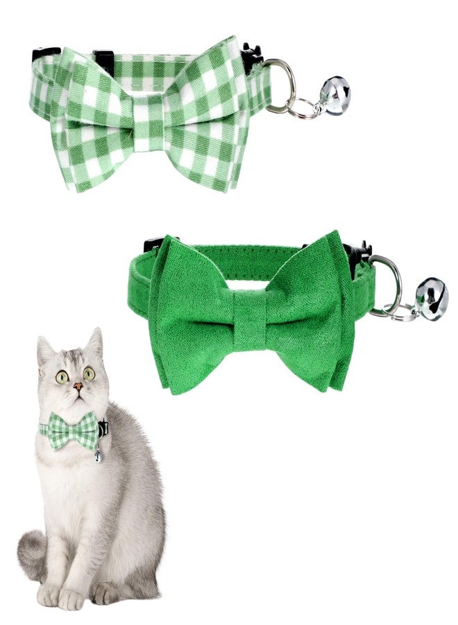 Yuomeaz 2 PCS Green Bow Tie Cat Collar with Bell, Breakaway Safety Buckle Bow Ties for Cats, 8-12 Inch Adjustable Kitten Bowtie Collar for Girl Boy Cats, Dogs, Pets - Image 1